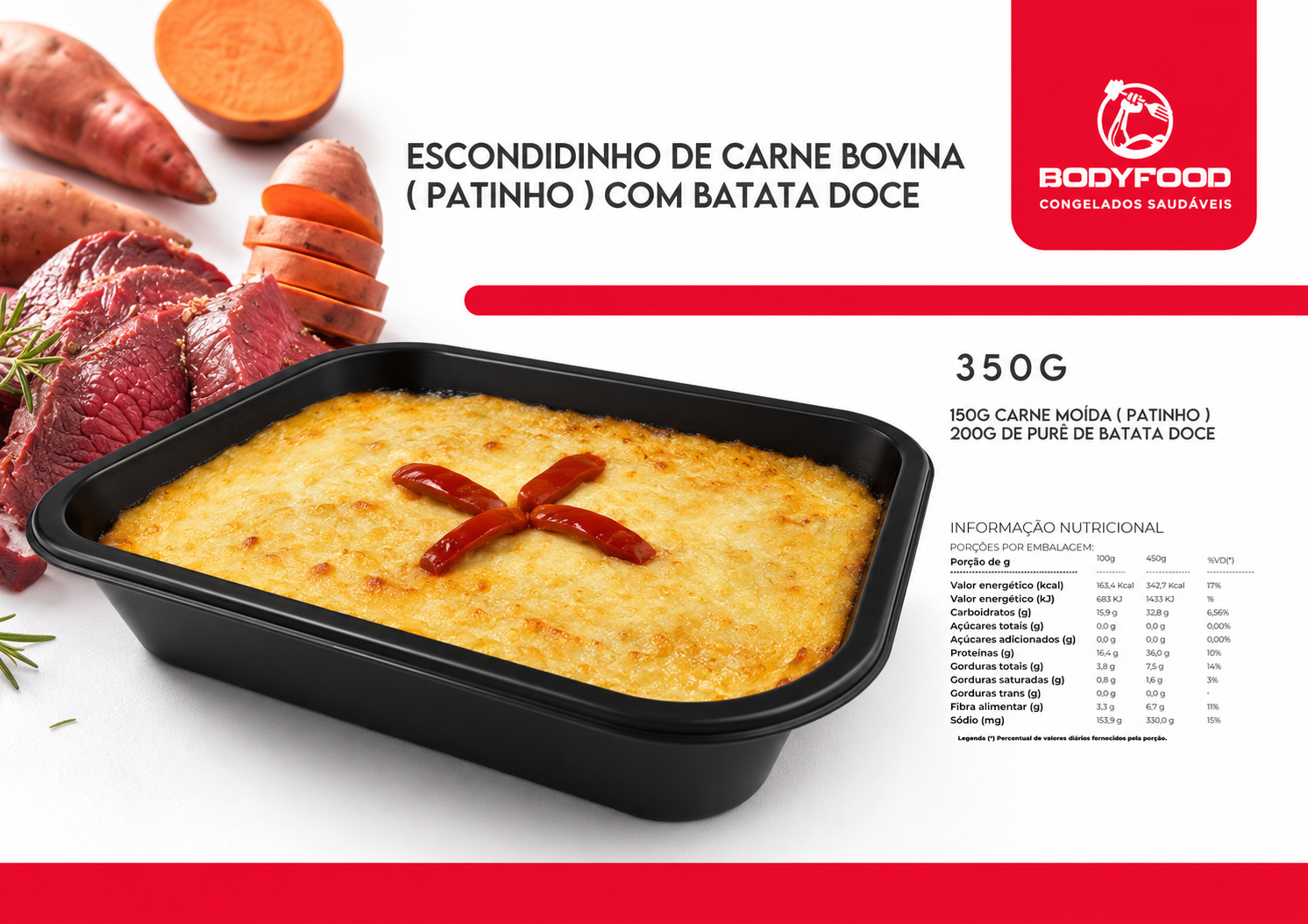 Card da refeição Escondidinho de carne bovina com batata doce, com informações nutricionais.